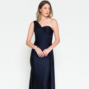 NEW LONG ONE SHOULDER SLEEVELESS SHEATH DRESS WITH SIDE CAPE SKIRT & ZIP AC 387